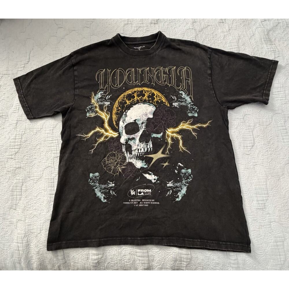 YoungLA 4058‎ T Mens S T-shirt Black Haloed Skull Graphic Print Tee
